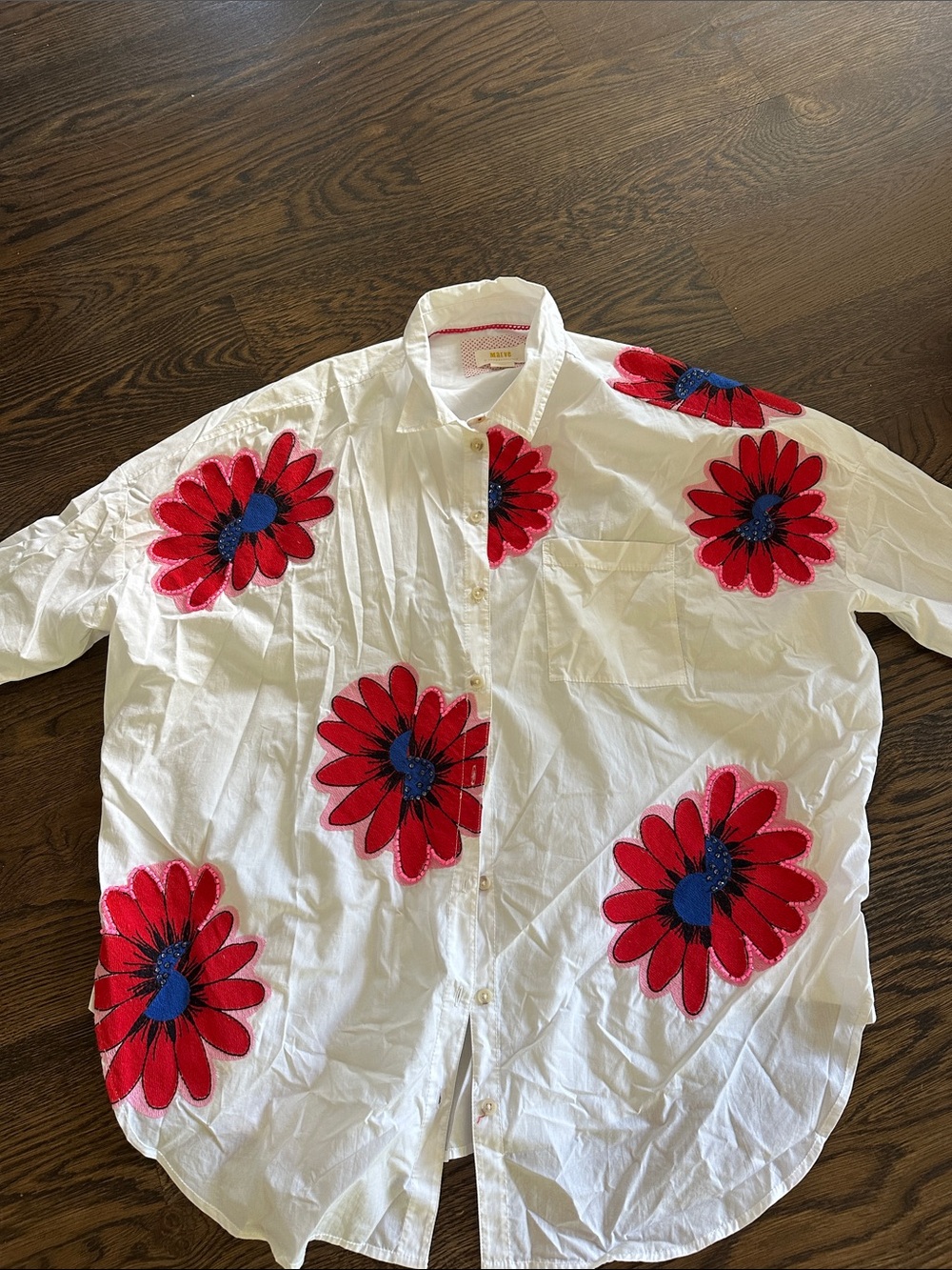 Anthropologie Maeve White Button-Up Shirt with Red Floral Embroidery